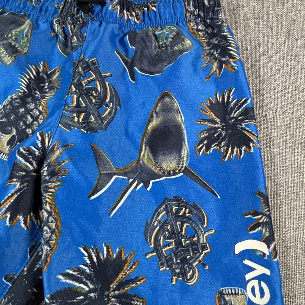 Hurley Boys Shark Skull Print Swim Trunks Size 7/8 Blue Quick Dry Board Shorts